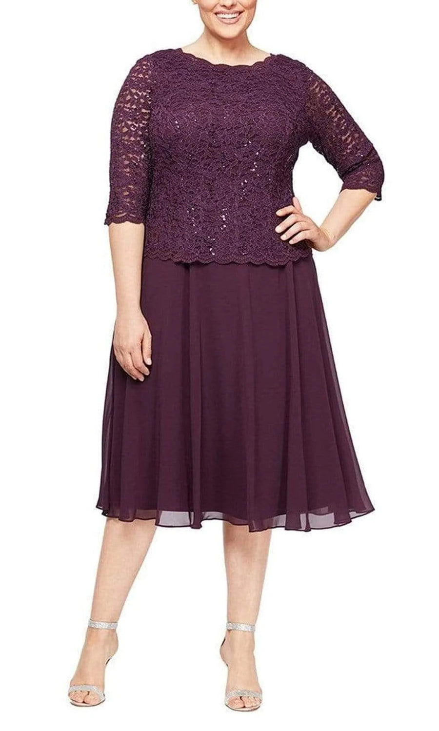 Alex Evenings 4121796 deep plum lace bodice and chiffon tea-length mother of the bride dress