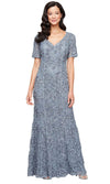 V-Neck Floor-Length 3D Floral Lace Formal Evening Gown Short Sleeves Alex Evenings 81122627
