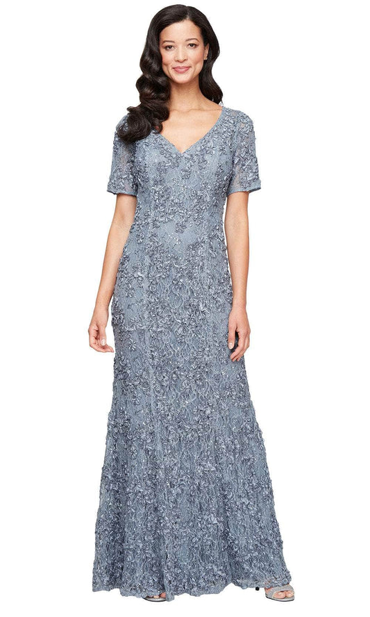 V-Neck Floor-Length 3D Floral Lace Formal Evening Gown Short Sleeves Alex Evenings 81122627