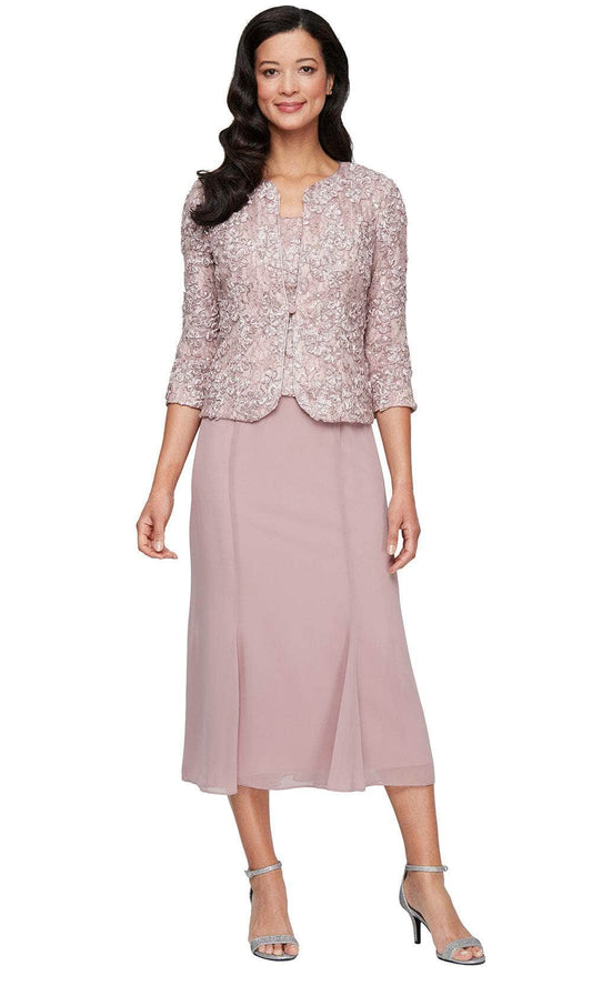 Wholesale Tea Length Soutache Dress with Center Front Button Jacket and Chiffon Skirt Alex Evenings 81122689
