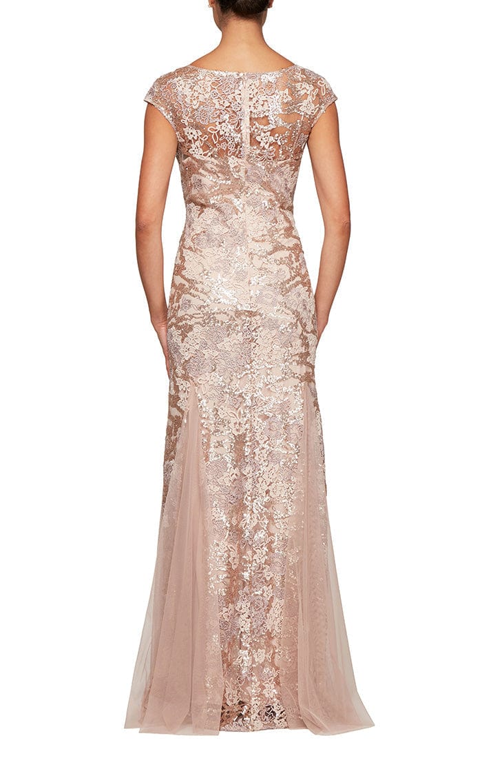 Wholesale Long Cap Sleeve Embroidered Fit and Flare Dress With Godet Detail Skirt, Illusion V- Nec Alex Evenings 8117897