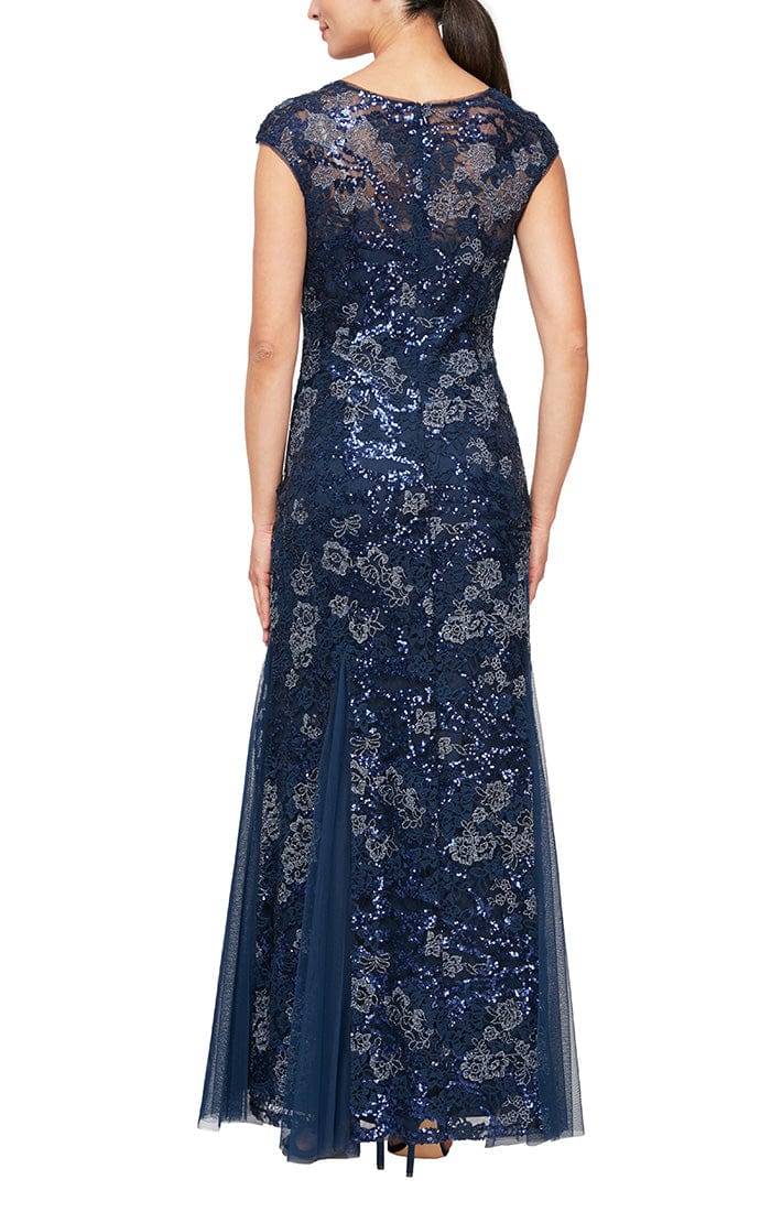 Wholesale Long Cap Sleeve Embroidered Fit and Flare Dress With Godet Detail Skirt, Illusion V- Nec Alex Evenings 8117897