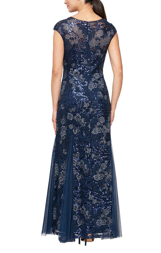 Wholesale Long Cap Sleeve Embroidered Fit and Flare Dress With Godet Detail Skirt, Illusion V- Nec Alex Evenings 8117897