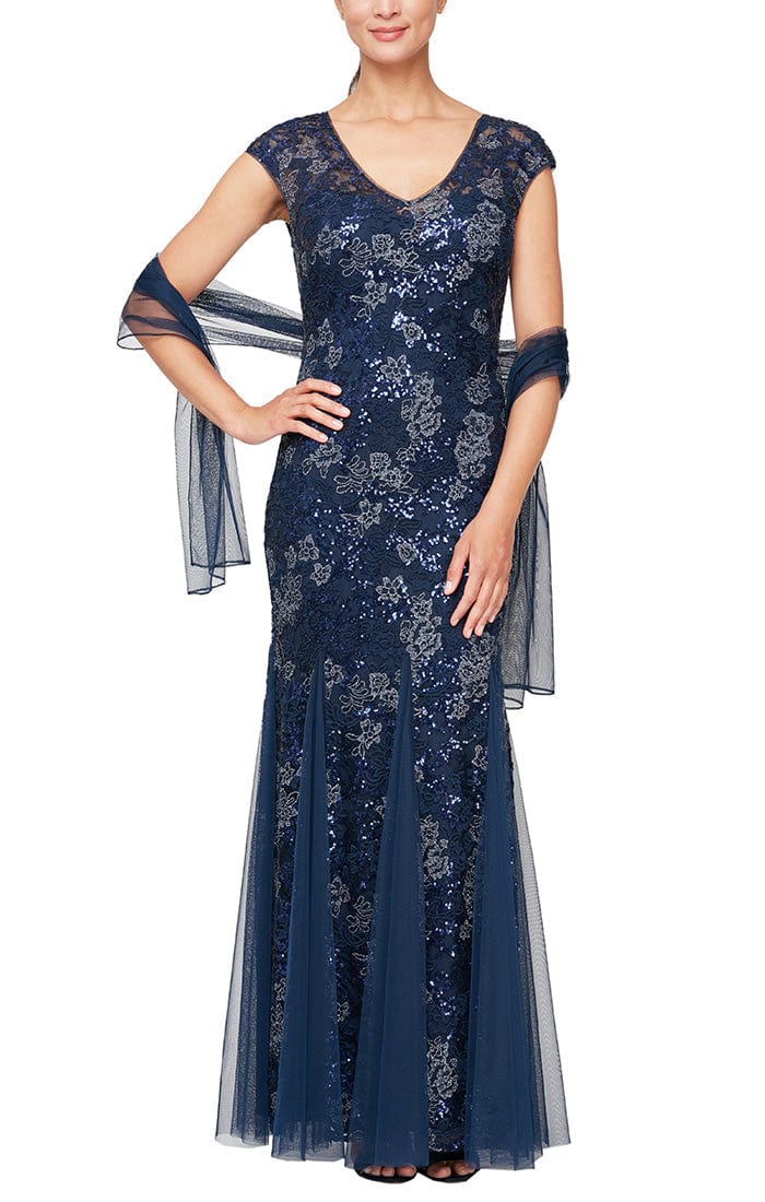 Wholesale Long Cap Sleeve Embroidered Fit and Flare Dress With Godet Detail Skirt, Illusion V- Nec Alex Evenings 8117897
