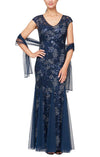 Wholesale Long Cap Sleeve Embroidered Fit and Flare Dress With Godet Detail Skirt, Illusion V- Nec Alex Evenings 8117897