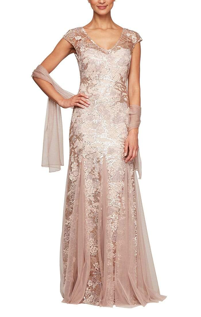 Wholesale Long Cap Sleeve Embroidered Fit and Flare Dress With Godet Detail Skirt, Illusion V- Nec Alex Evenings 8117897