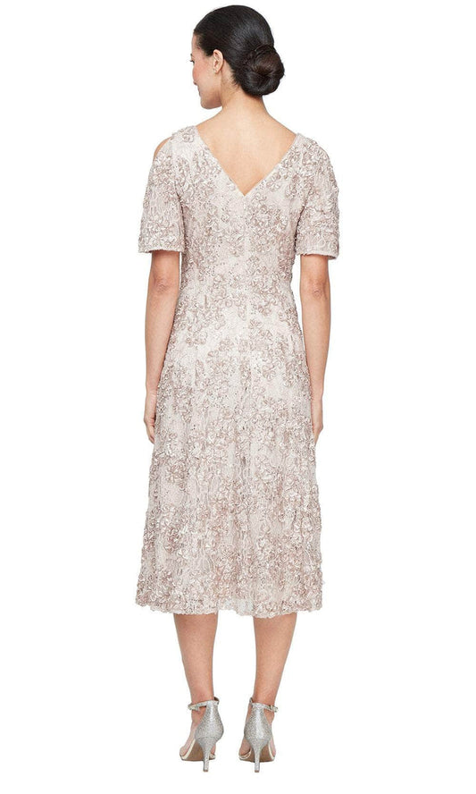 Wholesale Tea Length V-Neck Soutache Dress with A- Line Skirt and Cold Shou Alex Evenings 82122693