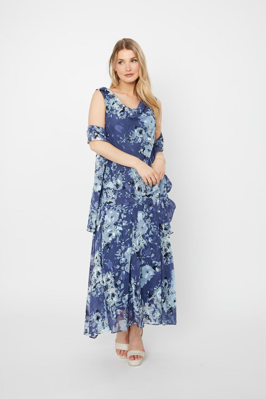 Wholesale Tea Length Cowl Neck Printed Dress With High/Low Skirt and Shawl Alex Evenings 8175916