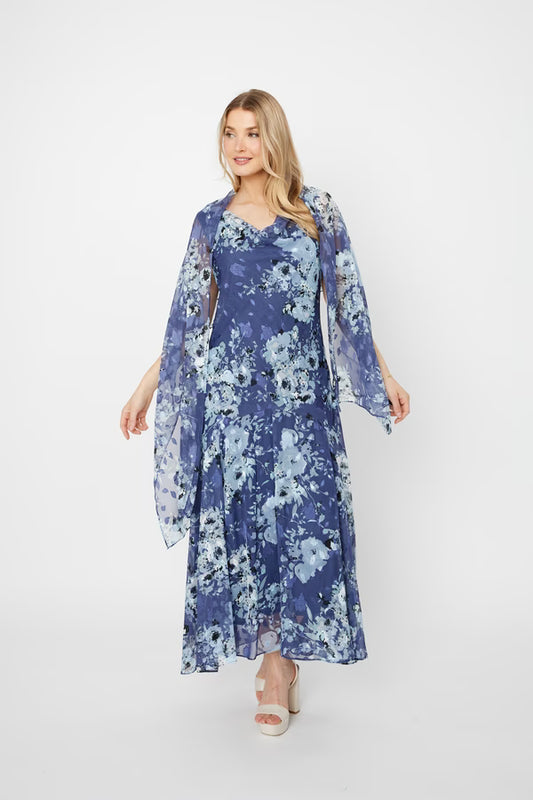 Wholesale Tea Length Cowl Neck Printed Dress With High/Low Skirt and Shawl Alex Evenings 8175916