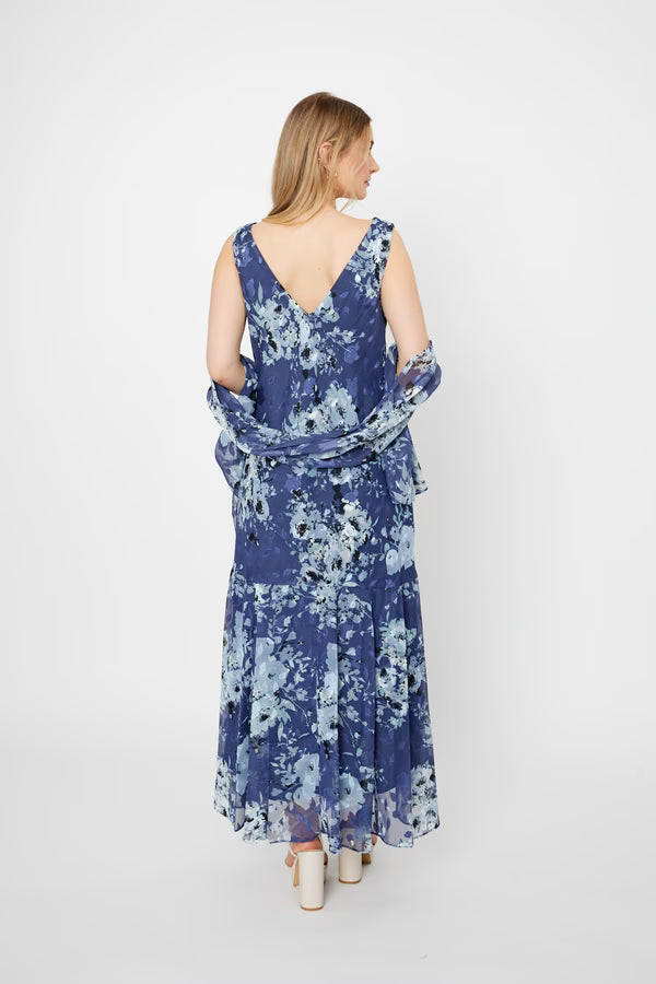 Wholesale Tea Length Cowl Neck Printed Dress With High/Low Skirt and Shawl Alex Evenings 8175916