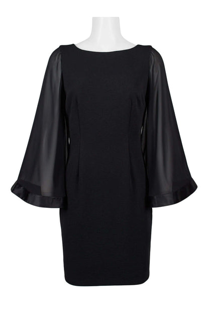 Adrianna Papell Boat Neck Long Sleeve Zipper Back Solid Ottoman Chiffon Dress - BLACK - Front