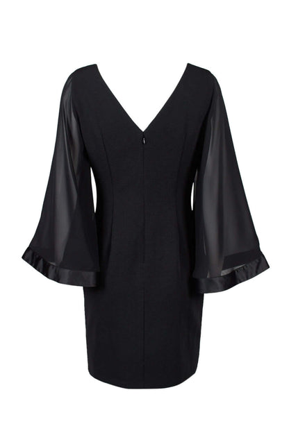 Adrianna Papell Boat Neck Long Sleeve Zipper Back Solid Ottoman Chiffon Dress - BLACK - Back