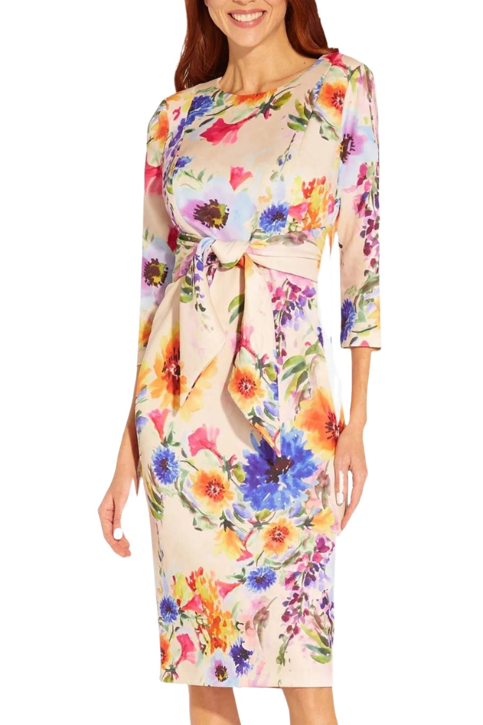 Adrianna Papell Floral Print Tie Front Midi Sheath Dress - Wholesale - PRALINE MULTI - Fabric 