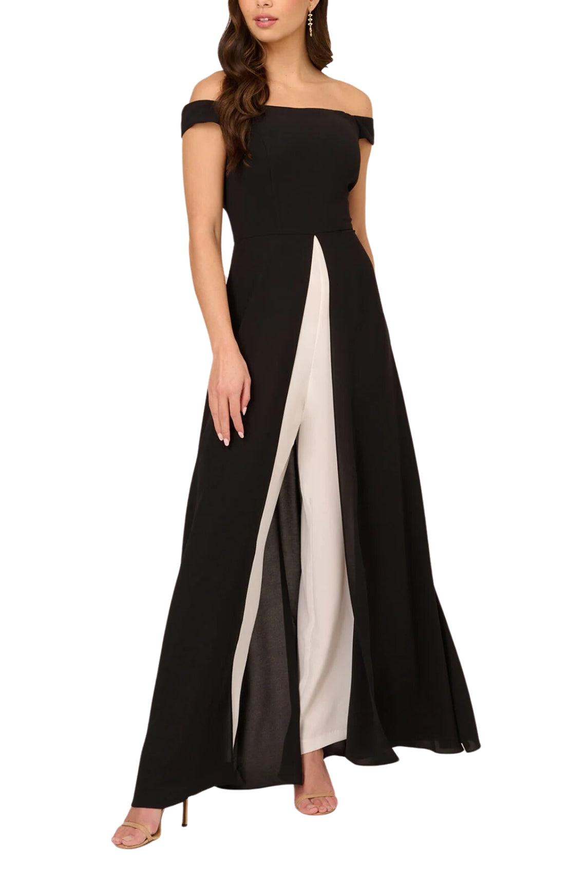 Adrianna Papell Off The Shoulder Wide Leg Jumpsuit - Wholesale - BLACK IVORY - Front view