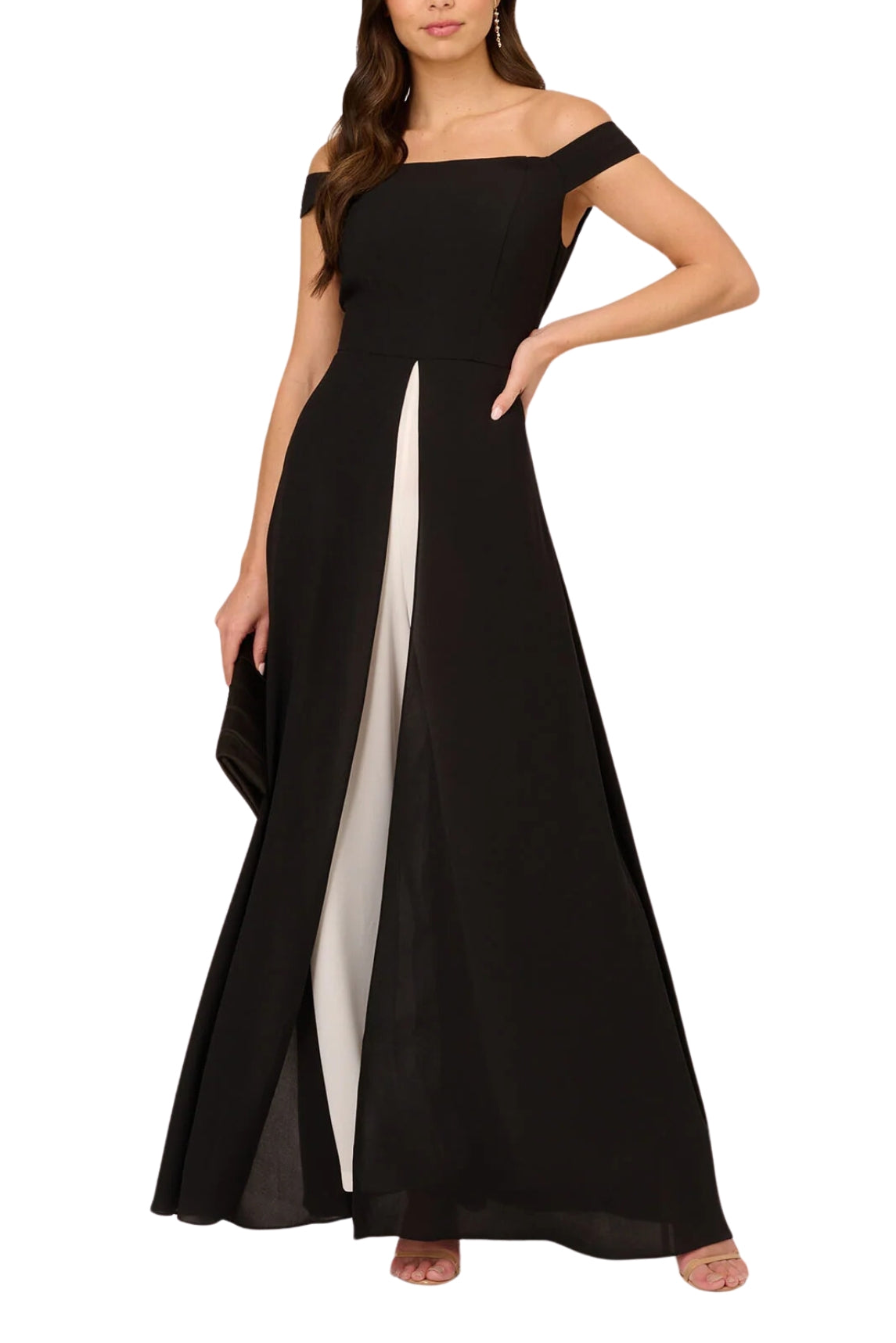 Adrianna Papell Off The Shoulder Wide Leg Jumpsuit - Wholesale - BLACK IVORY - Front full view