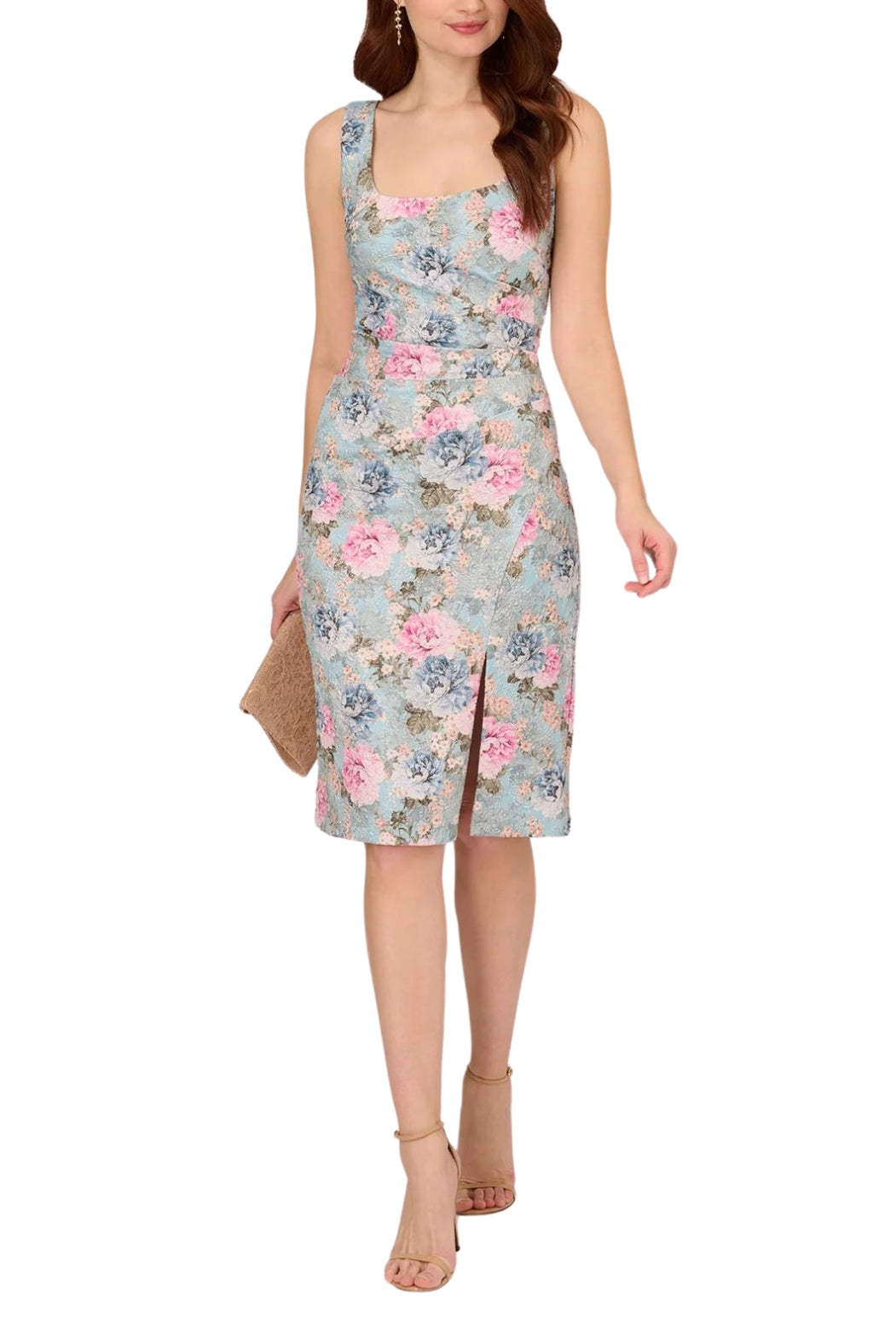 Adrianna Papell Floral Matelasse Square Neck Sheath Dress - Wholesale  - BLUE MULTI - Front full view