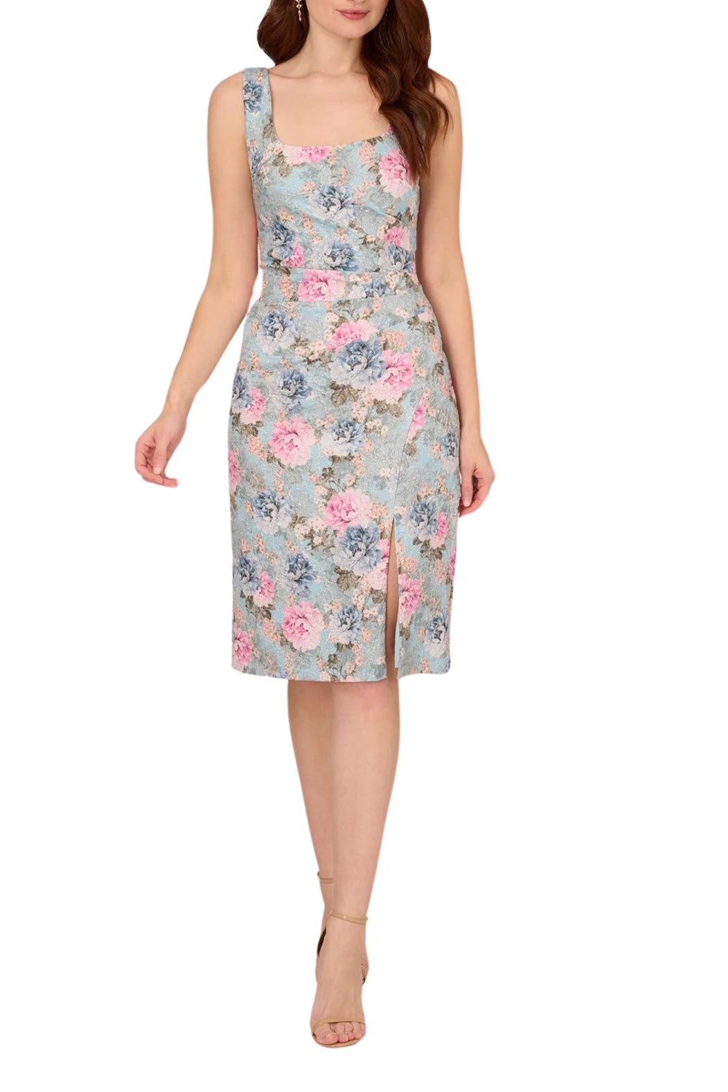 Adrianna Papell Floral Matelasse Square Neck Sheath Dress - Wholesale - BLUE MULTI - Front view