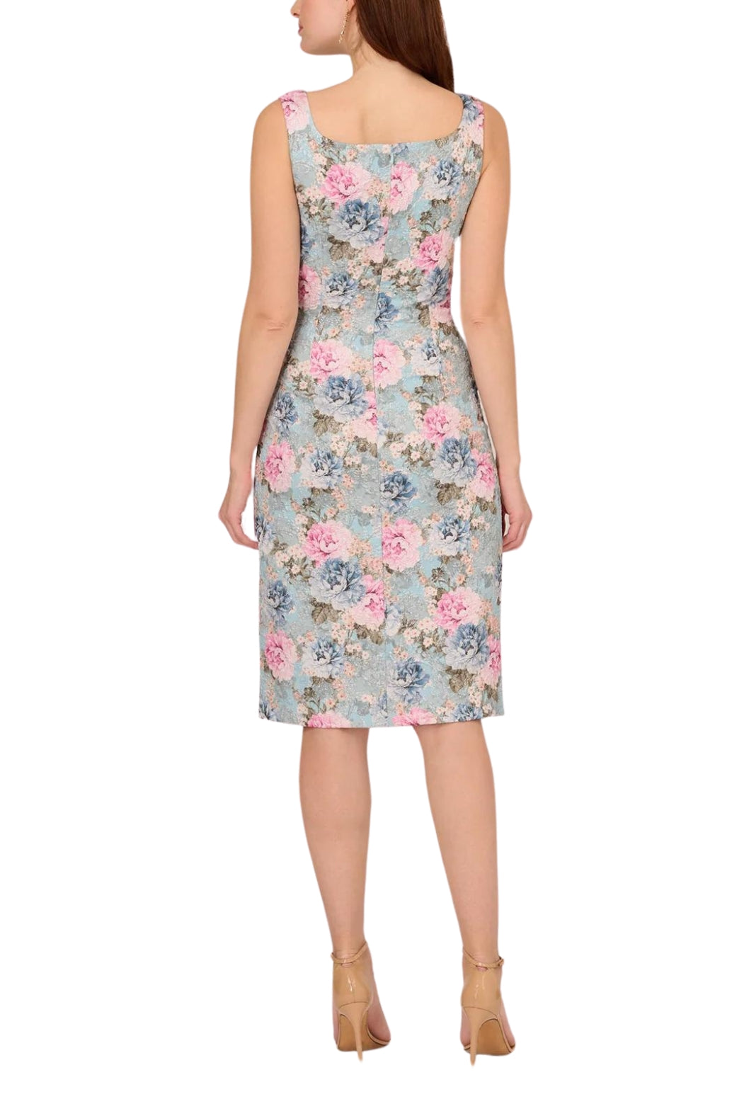 Adrianna Papell Floral Matelasse Square Neck Sheath Dress - Wholesale - BLUE MULTI - Back 