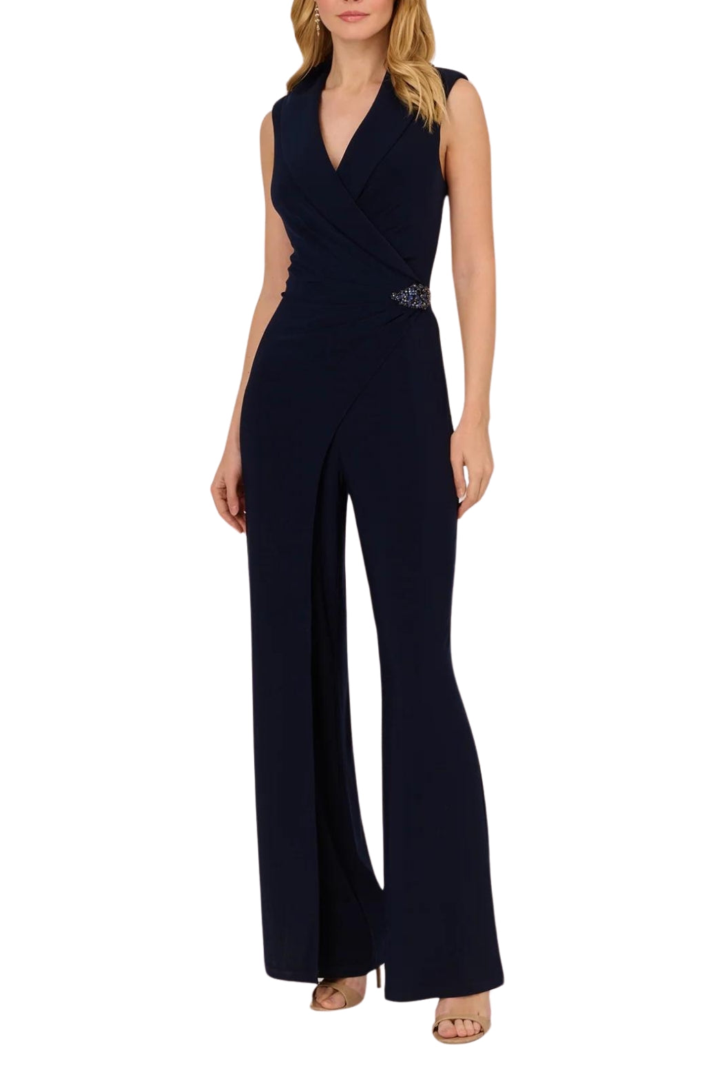 Adrianna Papell Sleeveless Shawl Neck Jersey Wide Leg Jumpsuit - Wholesale - MIDNIGHT - Front view