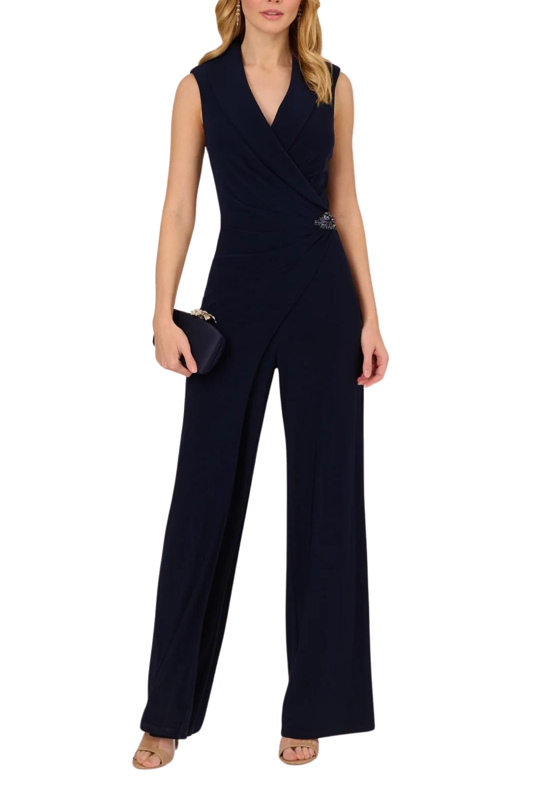 Adrianna Papell Sleeveless Shawl Neck Jersey Wide Leg Jumpsuit - Wholesale - MIDNIGHT - Front full view