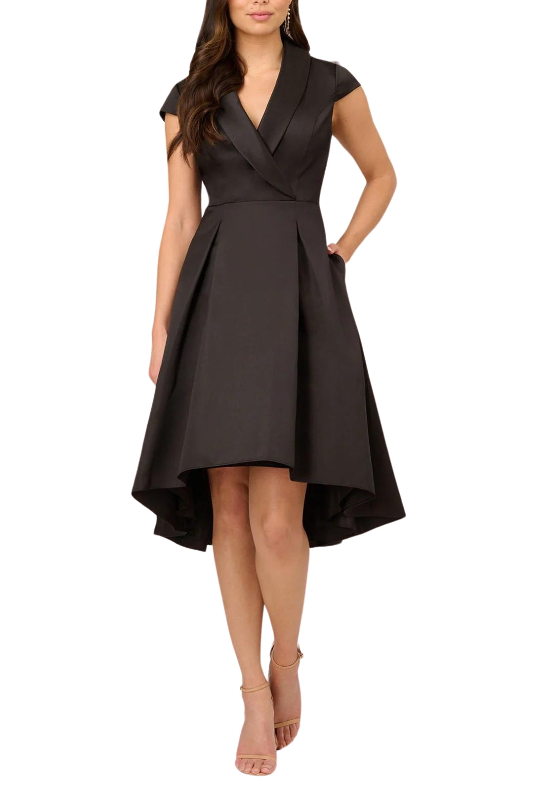 Adrianna Papell Cap Sleeve Midi Box Pleat High-Low Mikado Dress - Wholesale - BLACK - Front 