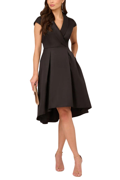 Adrianna Papell Cap Sleeve Midi Box Pleat High-Low Mikado Dress - Wholesale - BLACK - Front view