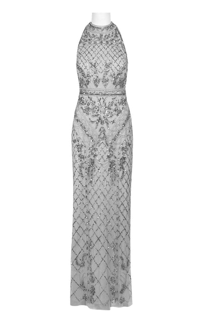 Adrianna Papell Halter Neck Racer Back Slit Back Embellished Mesh Dress - Bridal silver - Front 