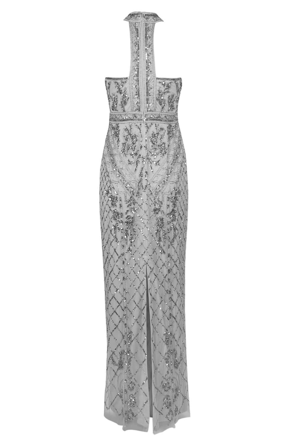 Adrianna Papell Halter Neck Racer Back Slit Back Embellished Mesh Dress - BRIDAL SILVER - BACK 