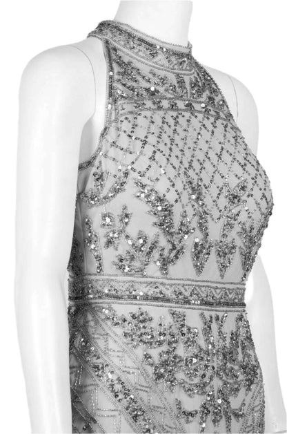 Adrianna Papell Halter Neck Racer Back Slit Back Embellished Mesh Dress - BRIDAL SILVER - NECKLINE 