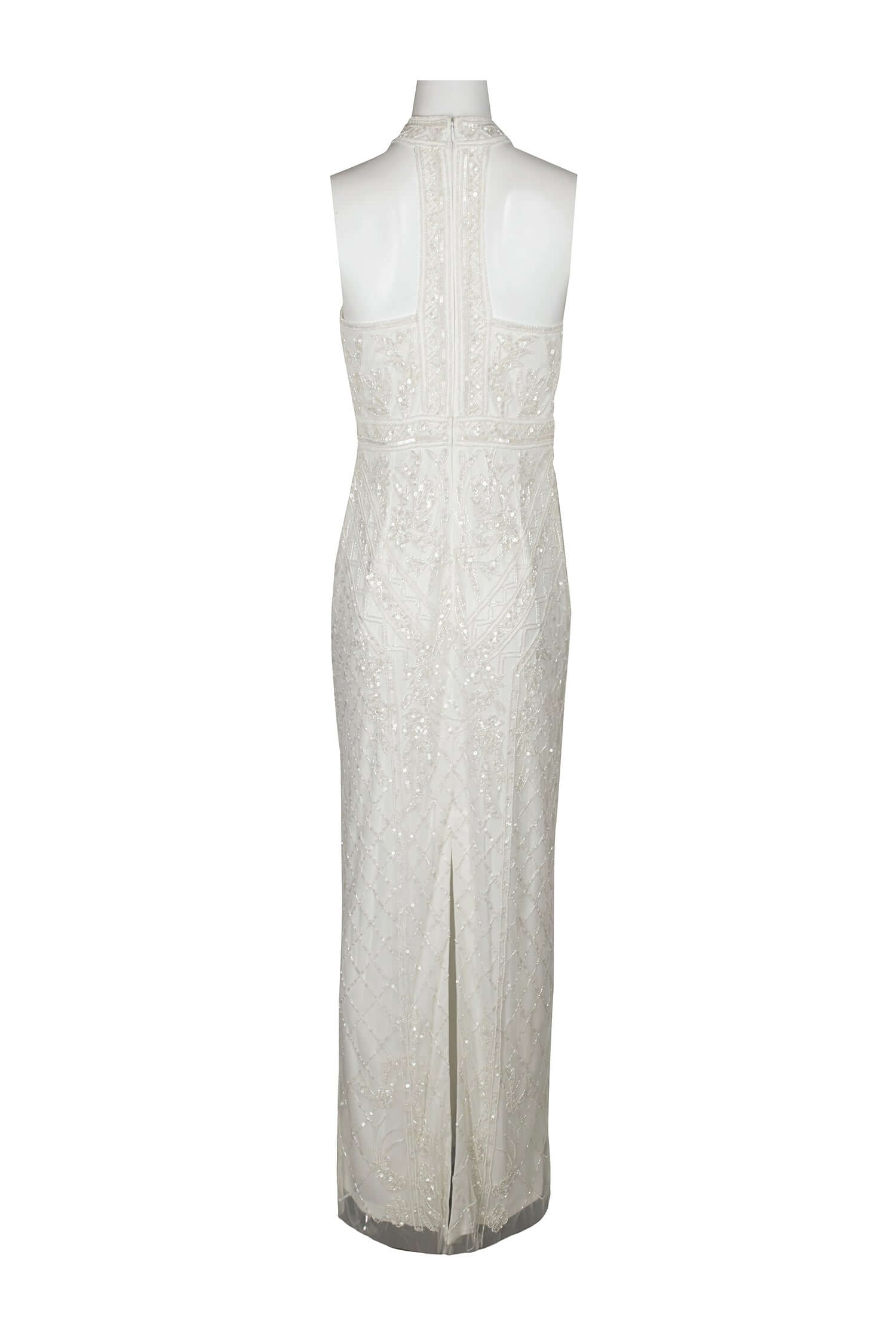 Adrianna Papell Halter Neck Racer Back Slit Back Embellished Mesh Dress - IVORY - BACK 