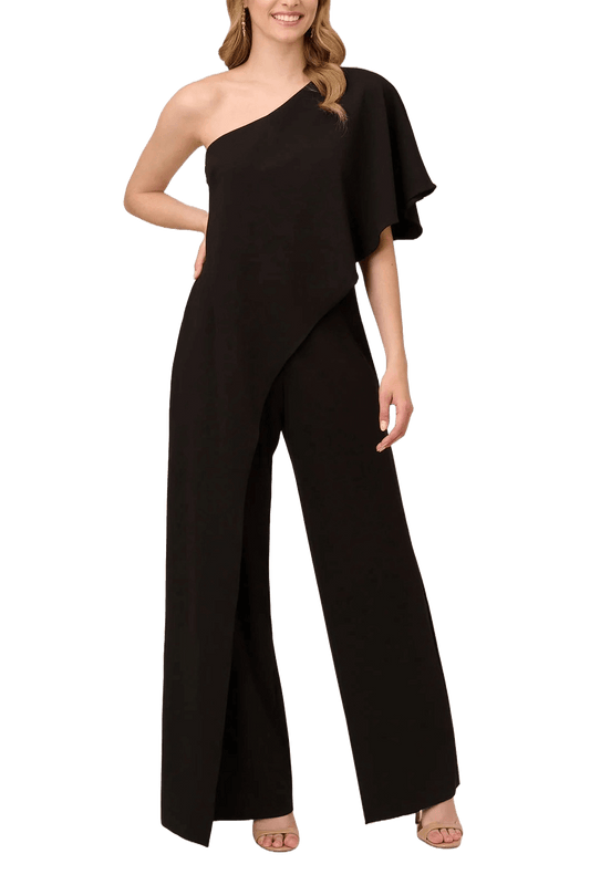 Adrianna Papell Asymmetrical One Shoulder Cape Sleeve Stretch Crepe Solid Jumpsuit - BLACK - Front 