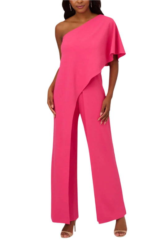 Adrianna Papell Asymmetrical One Shoulder Cape Sleeve Stretch Crepe Solid Jumpsuit - WATERMELON BLISS - Front 