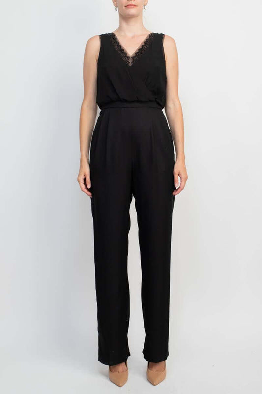 Adrianna Papell Scalloped V-Neck Sleeveless Zipper Back Solid Mesh Chiffon Jumpsuit - BLACK - Front view