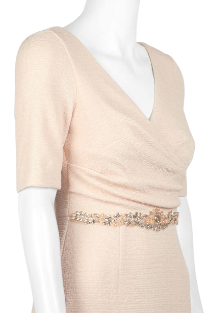 Adrianna Papell V-Neck Short Sleeve Ruched Embellished Waist Zipper Back Metallic Knit Gown -  CHAMPAGNE - Side