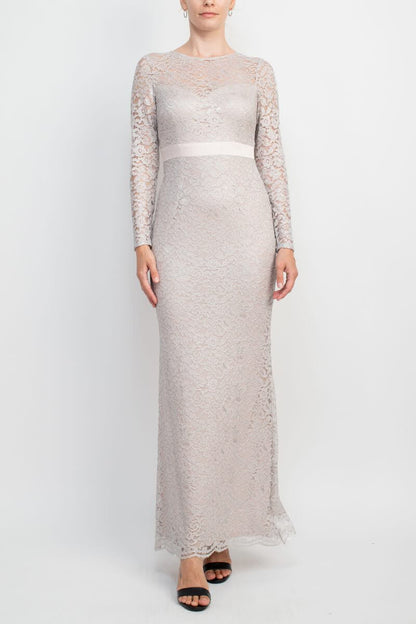 Adrianna Papell Crew Neck Long Sleeve Illusion Embellished Keyhole Zipper Back Lace Dress - ICY LILAC - Front