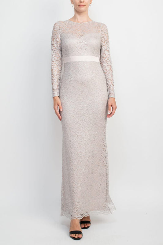 Adrianna Papell Crew Neck Long Sleeve Illusion Embellished Keyhole Zipper Back Lace Dress - ICY LILAC - Front