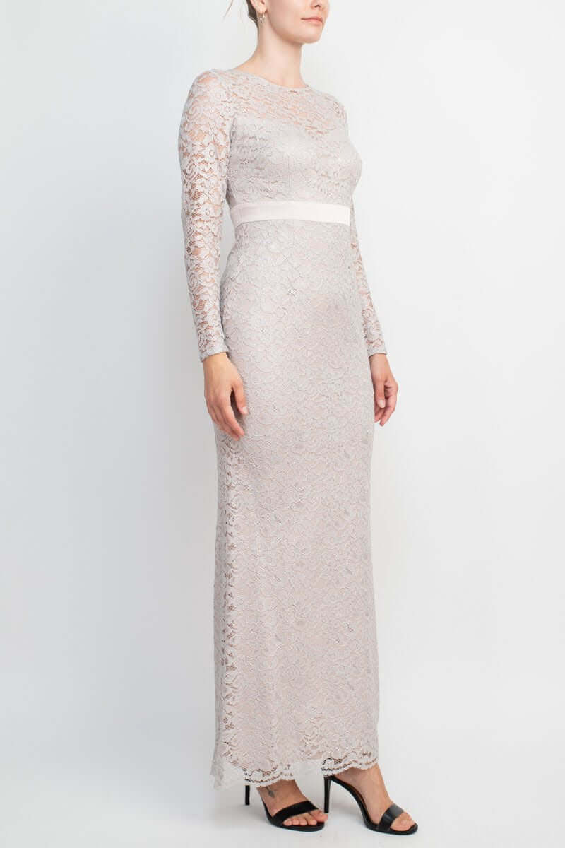 Adrianna Papell Crew Neck Long Sleeve Illusion Embellished Keyhole Zipper Back Lace Dress - ICY LILAC - Side