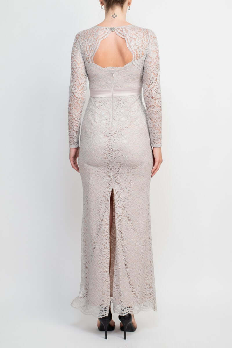 Adrianna Papell Crew Neck Long Sleeve Illusion Embellished Keyhole Zipper Back Lace Dress - ICY LILAC - Back