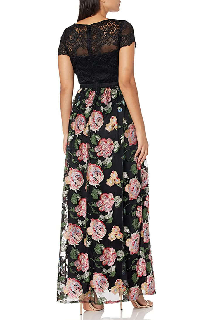 Adrianna Papell Boat Neck Short Sleeve Zipper Back Floral Lace Bodice Floral Embroidered Mesh Gown - BLACK MULTI -  Back view