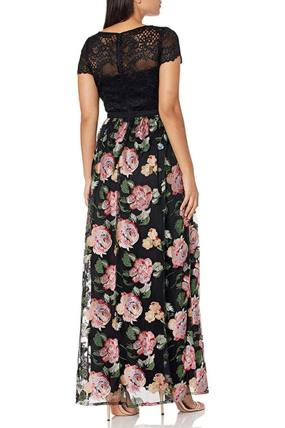 Adrianna Papell Boat Neck Short Sleeve Zipper Back Floral Lace Bodice Floral Embroidered Mesh Gown - BLACK MULTI -  Back view