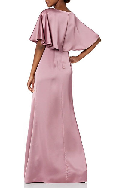 Adrianna Papell Boat Neck Short Sleeve Pleated Brooch Front Zipper Back Satin Dress (Petite) - ROSE - Back full view