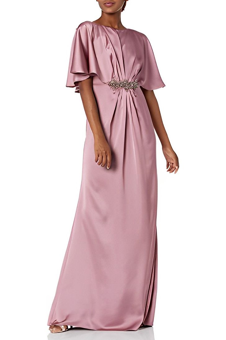 Adrianna Papell Boat Neck Short Sleeve Pleated Brooch Front Zipper Back Satin Dress (Petite) - ROSE - Front full view