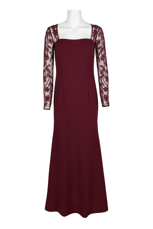 Adrianna Papell Square Neck Embellished Trumpet Long Sleeve Cutout Back Zipper Back Mesh Dress - DARK BURGANDY - front