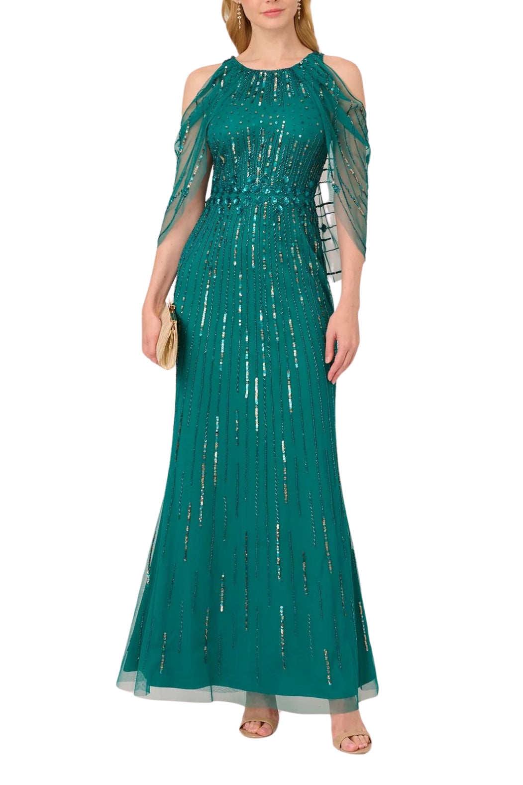 Adrianna Papell Sleeveless Capelet Crew Neck Cold Shoulder Beaded Gown ( Petite ) - Wholesale -  VIVID EMERALD - Front full view