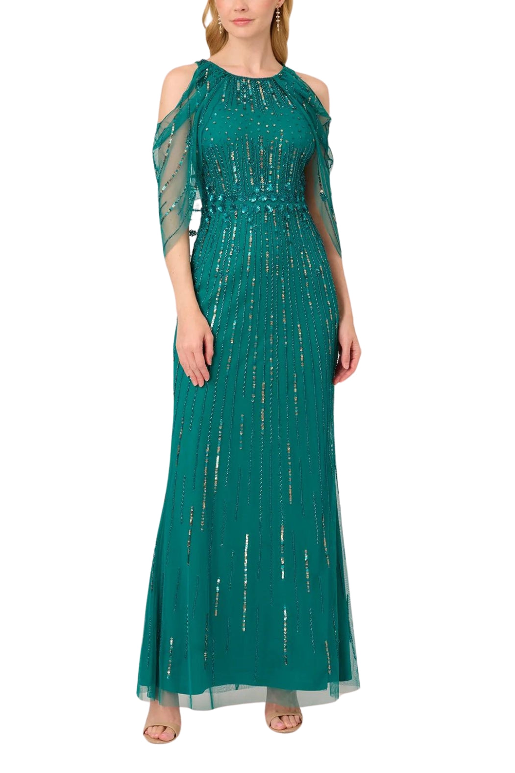 Adrianna Papell Sleeveless Capelet Crew Neck Cold Shoulder Beaded Gown ( Petite ) - Wholesale - VIVID EMERALD - Front view