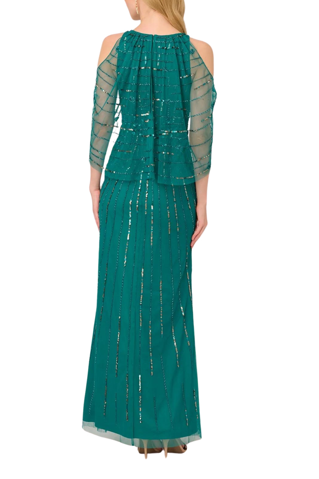 Adrianna Papell Sleeveless Capelet Crew Neck Cold Shoulder Beaded Gown ( Petite ) - Wholesale -  VIVID EMERALD - Back 