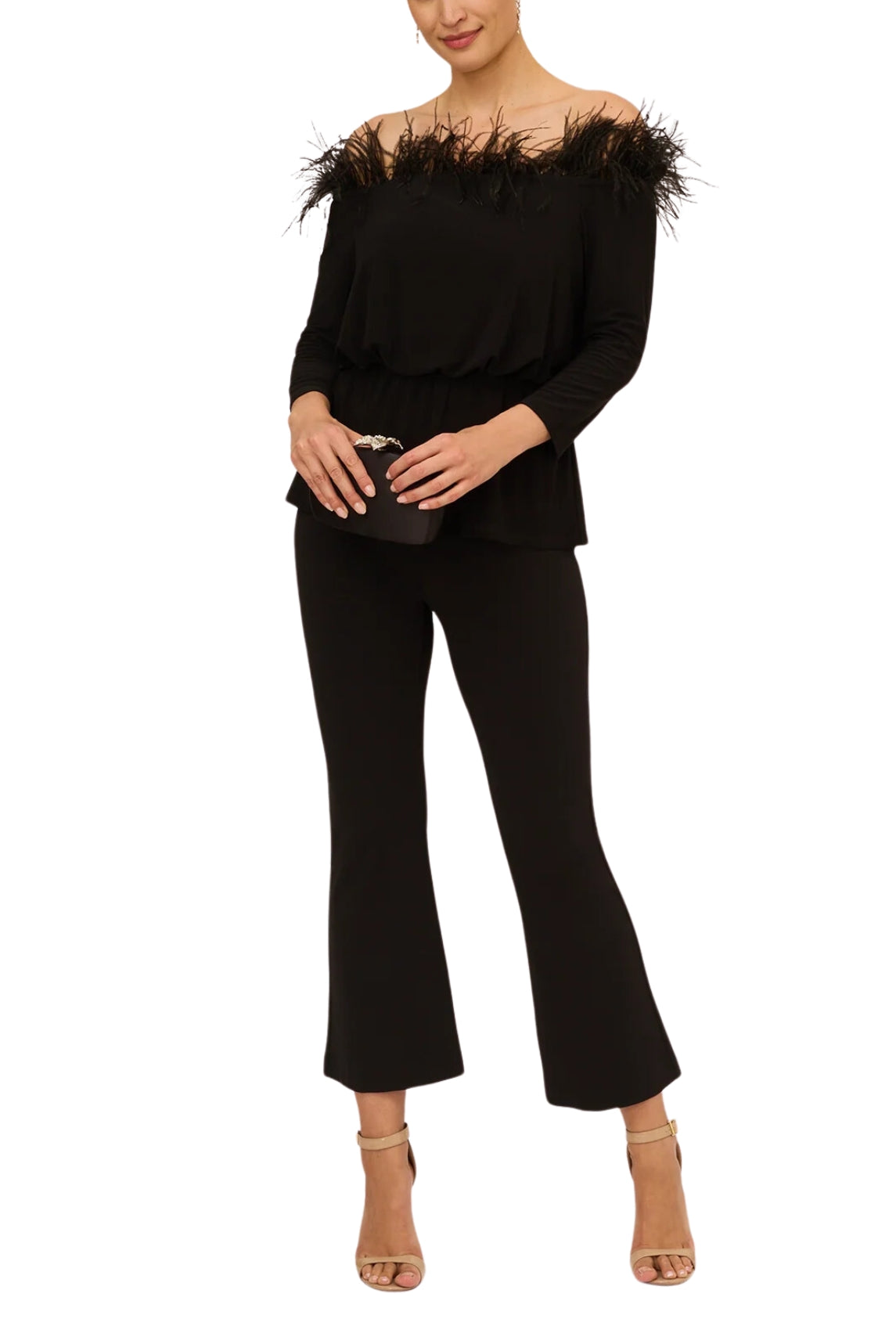 Adrianna Papell Off The Shoulder 3/4 Sleeve with Feaher Accents -  Wholesale - BLACK - Front full view