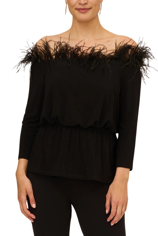 Adrianna Papell Off The Shoulder 3/4 Sleeve with Feaher Accents - Wholesale - BLACK - Front 