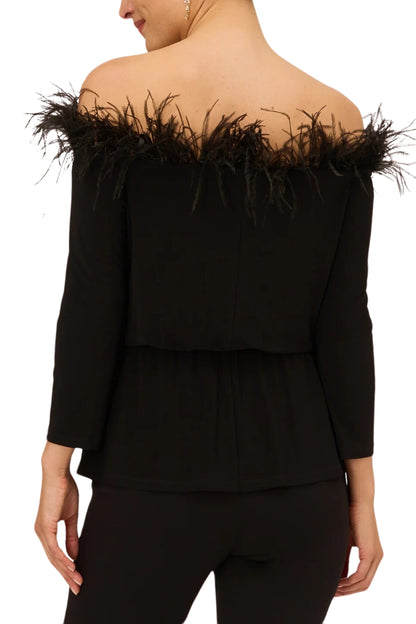 Adrianna Papell Off The Shoulder 3/4 Sleeve with Feaher Accents - Wholesale - BLACK - Back 