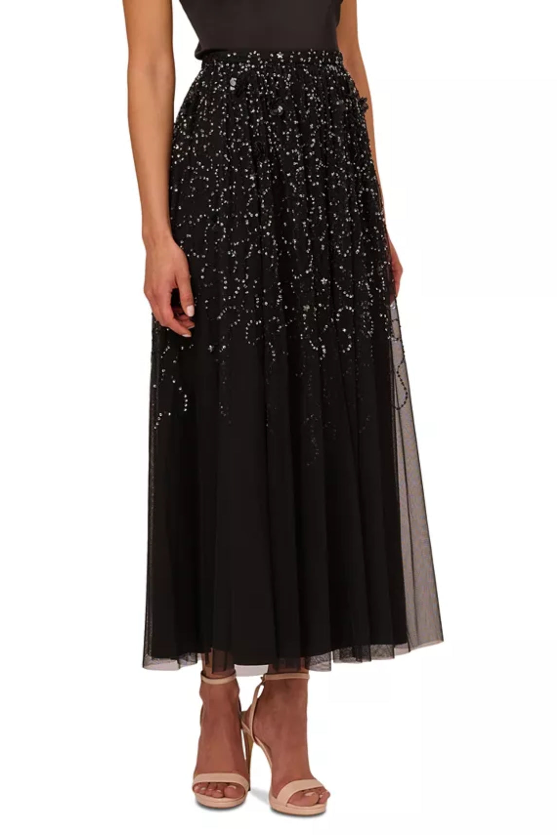 Adrianna Papell Beaded Mesh Midi Skirt - Wholesale  - BLACK GUNMETAL - Front 